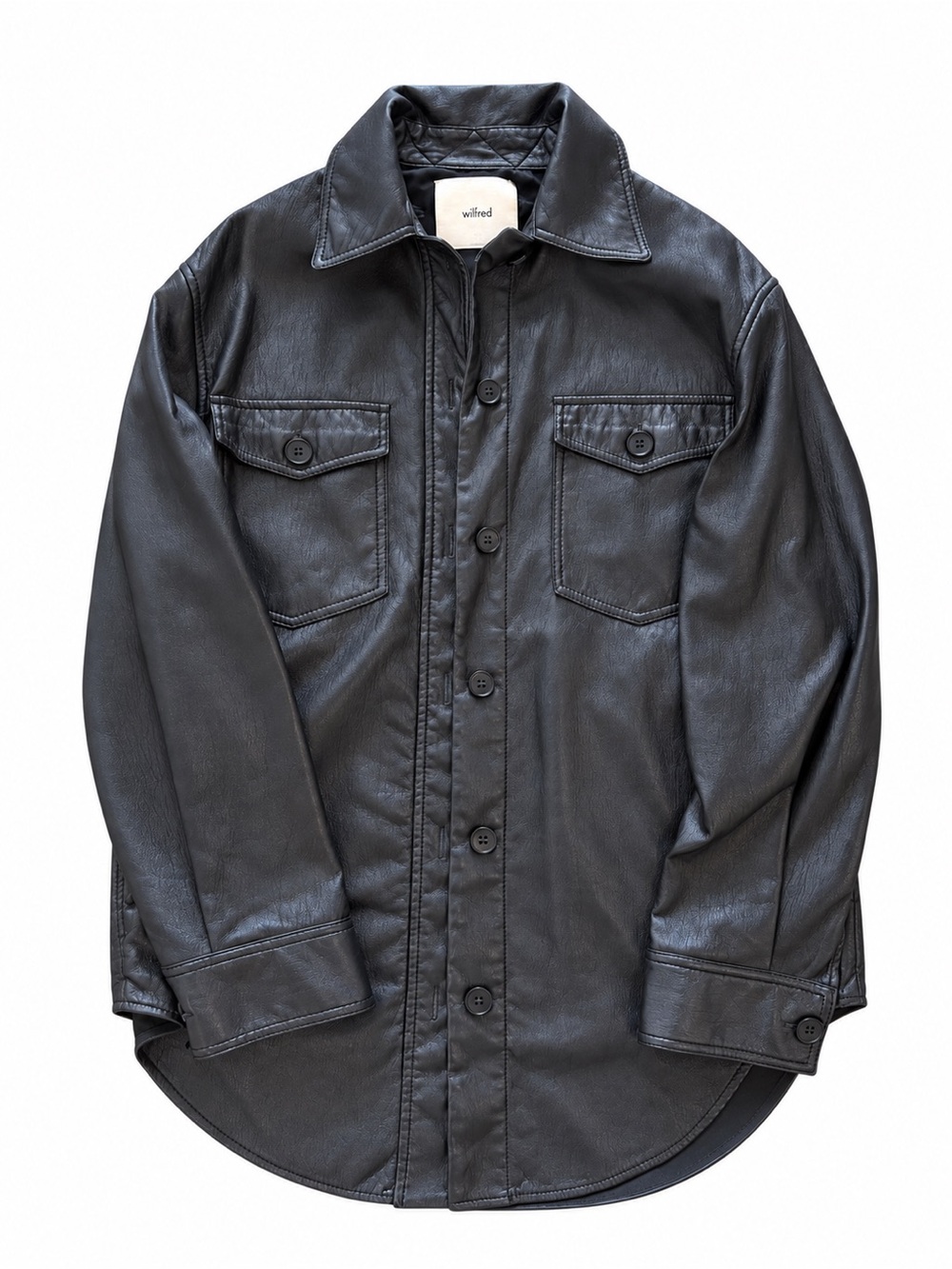 Aritzia Wilfred Black leather button-up jacket with a relaxed fit